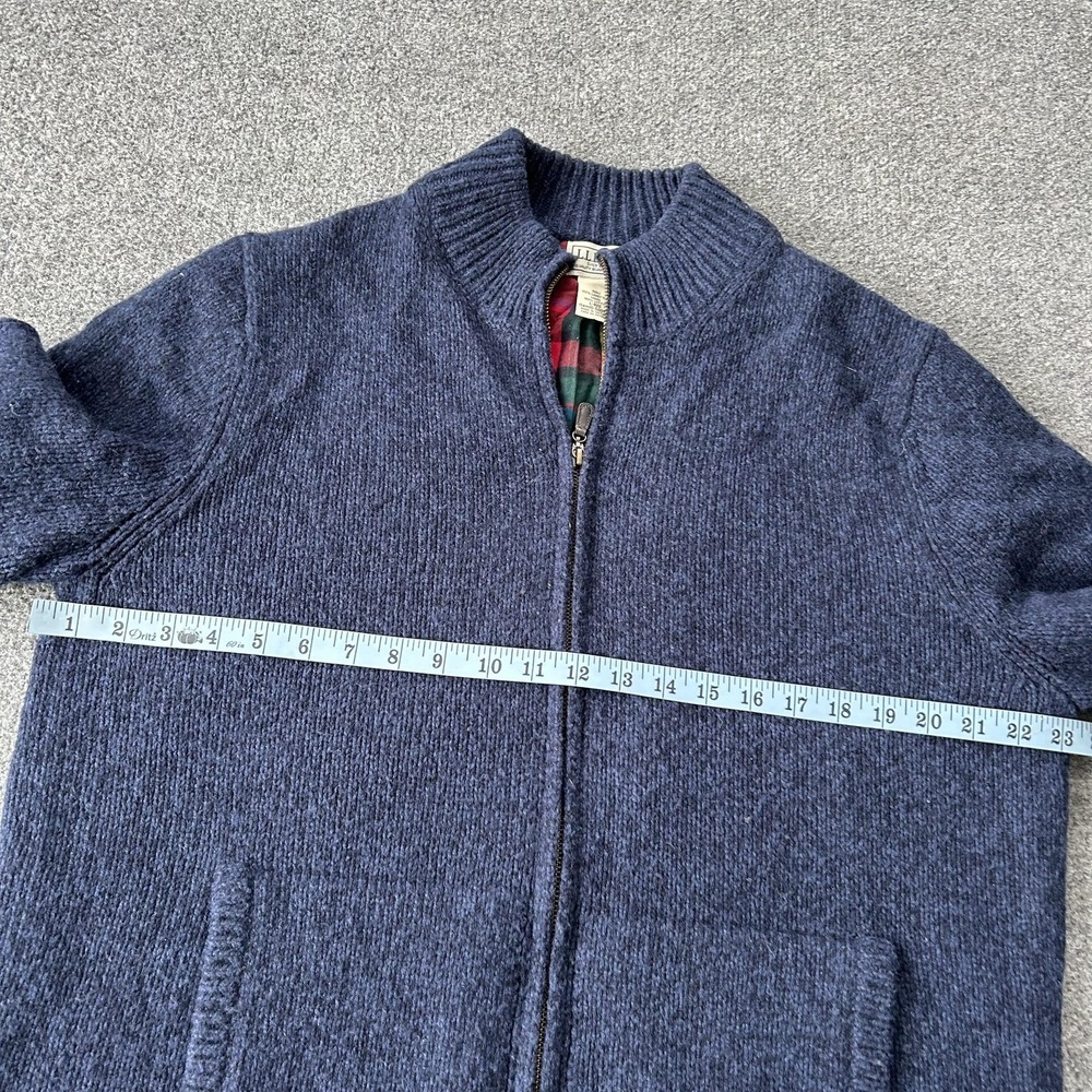 LL Bean Sweater Jacket Mens Large Blue Lambswool Full Zip Plaid Lined Cardigan - Picture 6 of 13